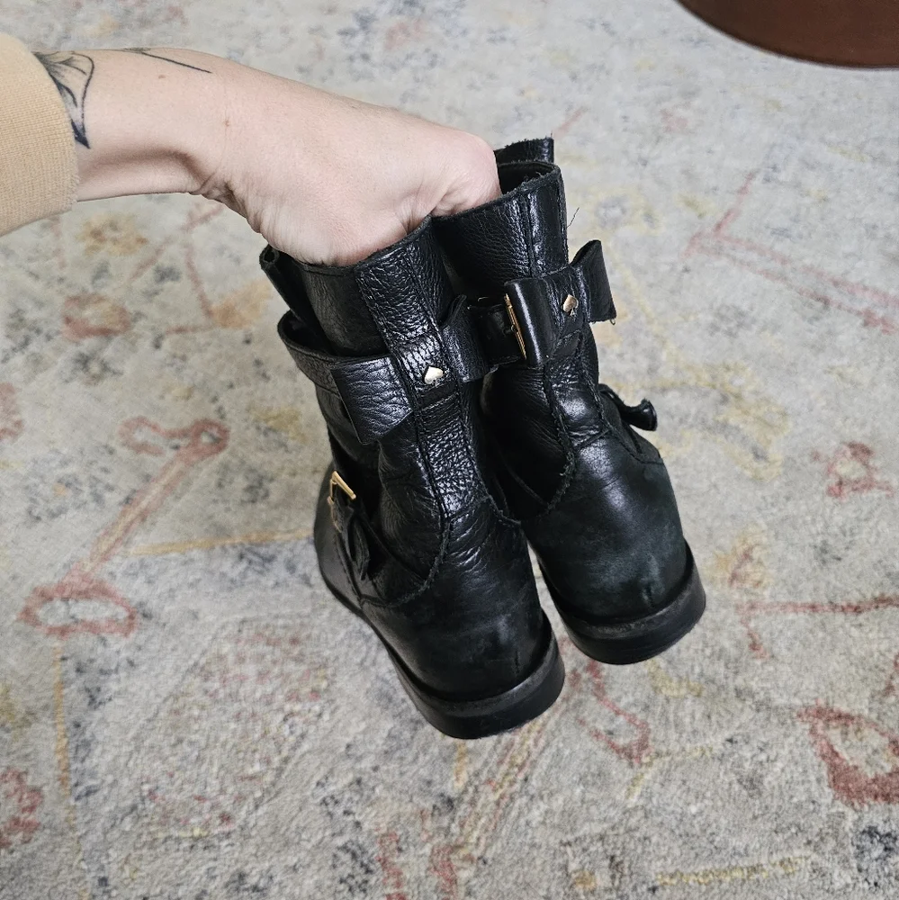 Kate Spade Sabina Pebbled Calfskin Black Leather Ankle Boots with Buckles